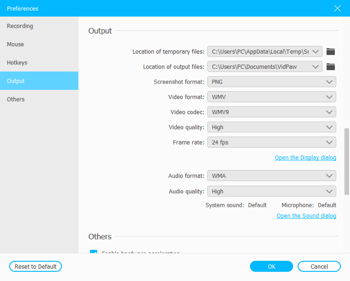 RecordAnyVid Output Settings